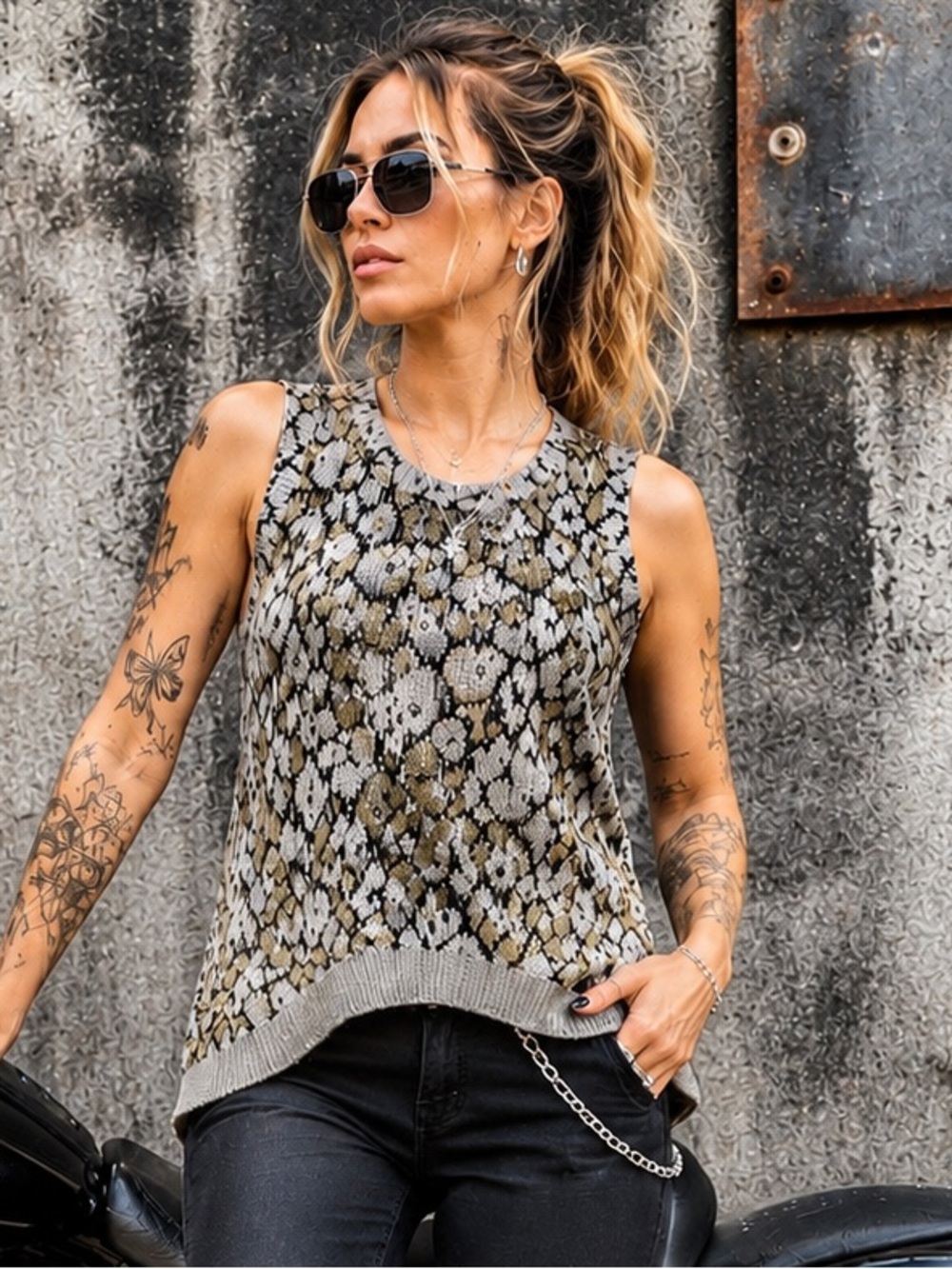 Harley-Davidson Knit Tank Sweater Floral Skull Print High Low Hem 2XL